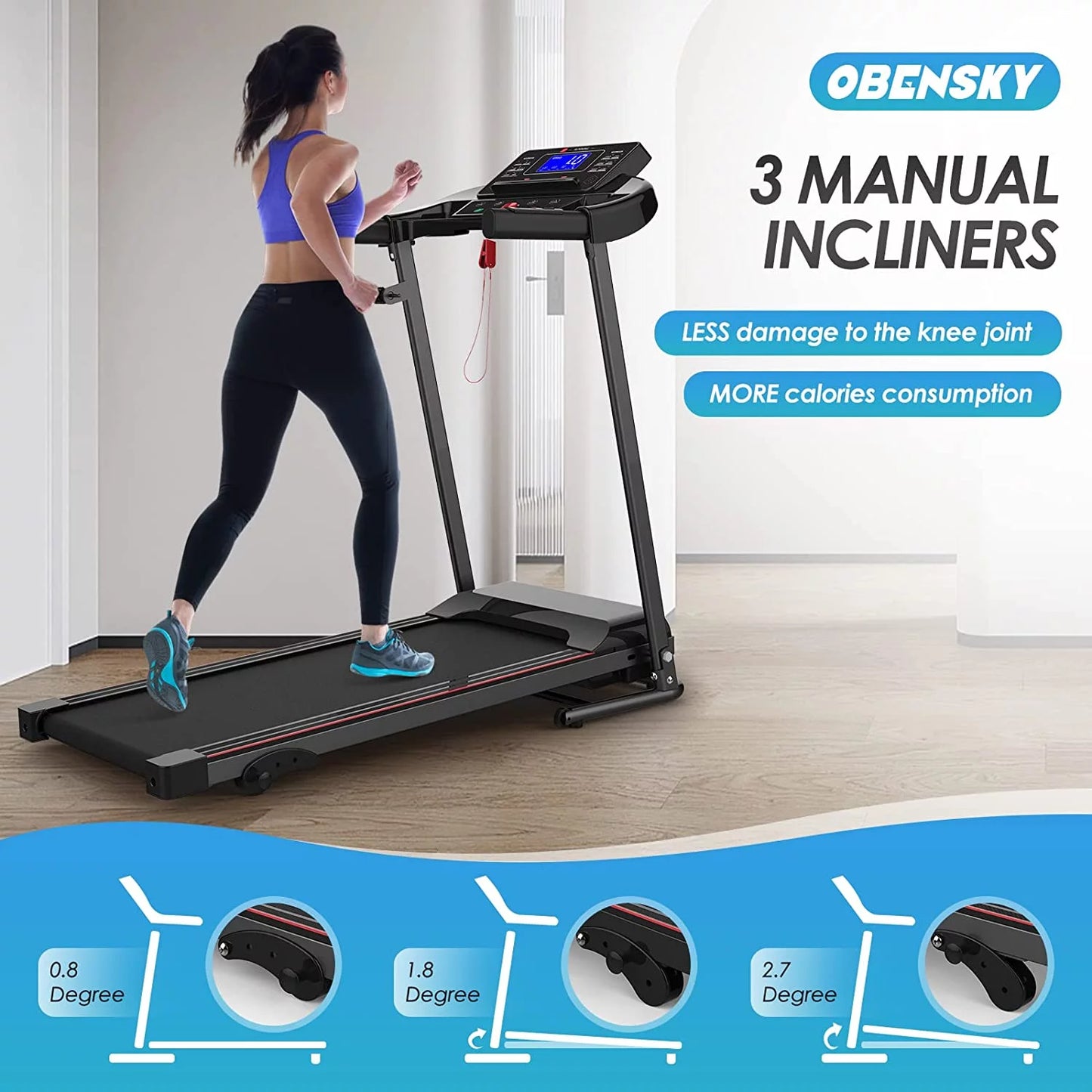 OEBNSKY Folding Incline Treadmill for Home with Smart LCD Display, 265Lbs, 12 Programs 3 Modes, MP3 Music Speaker, 2.5HP Electric Foldable Treadmill Running Machine