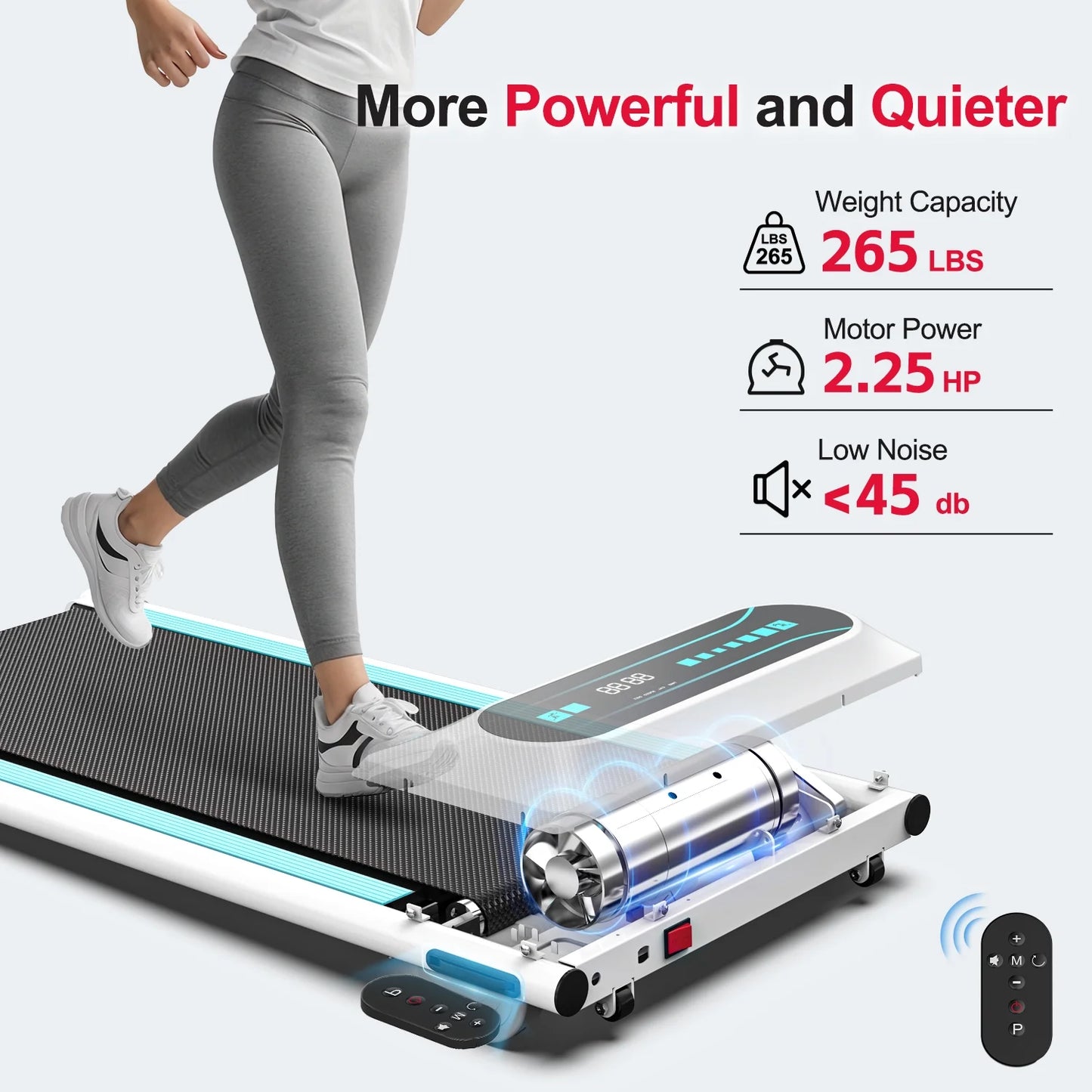2.25HP under Desk Treadmill, Installation-Free Slim Flat Compact Walking Pad with LED Display and Wireless Remote Control, 265Lb, 0.5-4 Mph for Home/Office Exercise-Blue