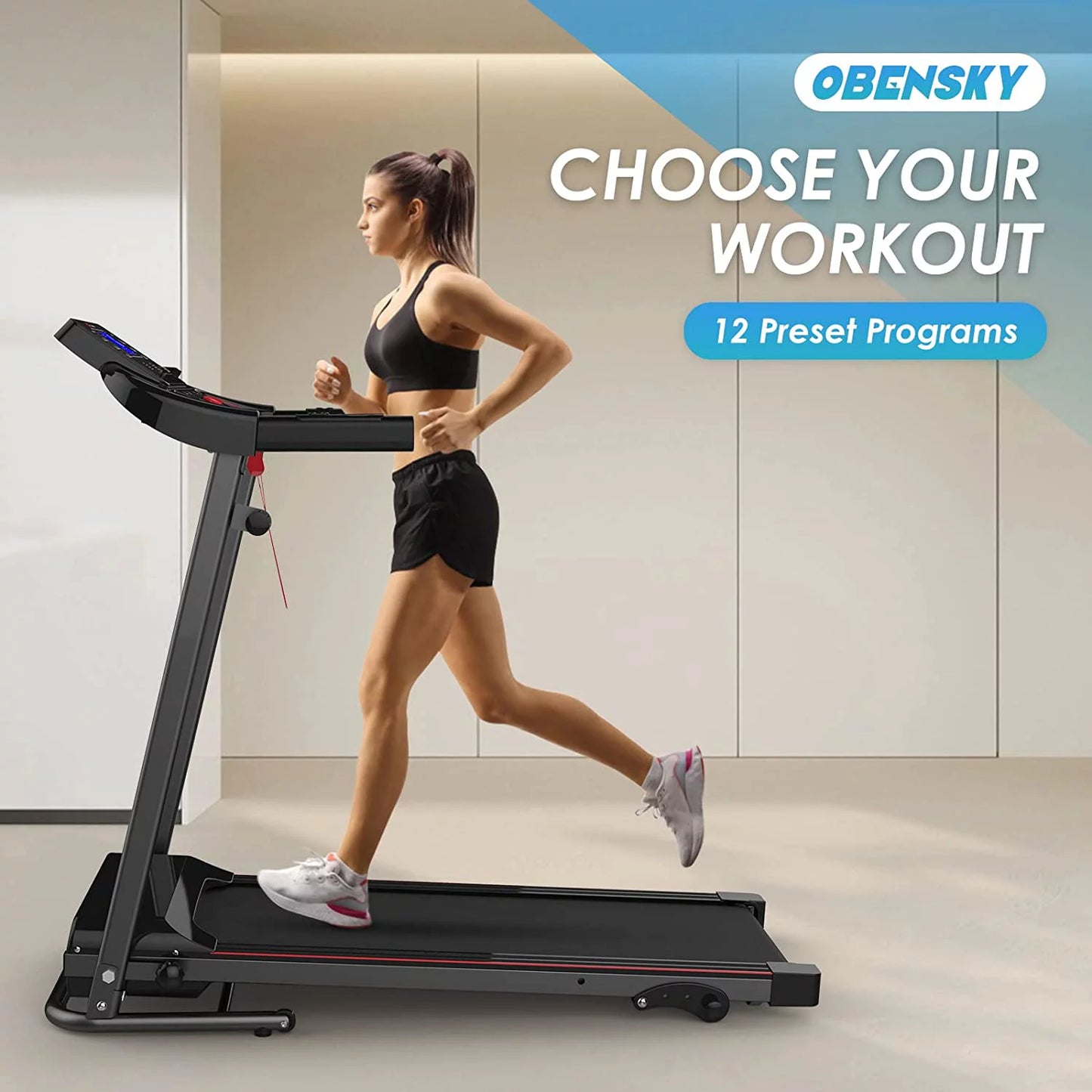 OEBNSKY Folding Incline Treadmill for Home with Smart LCD Display, 265Lbs, 12 Programs 3 Modes, MP3 Music Speaker, 2.5HP Electric Foldable Treadmill Running Machine