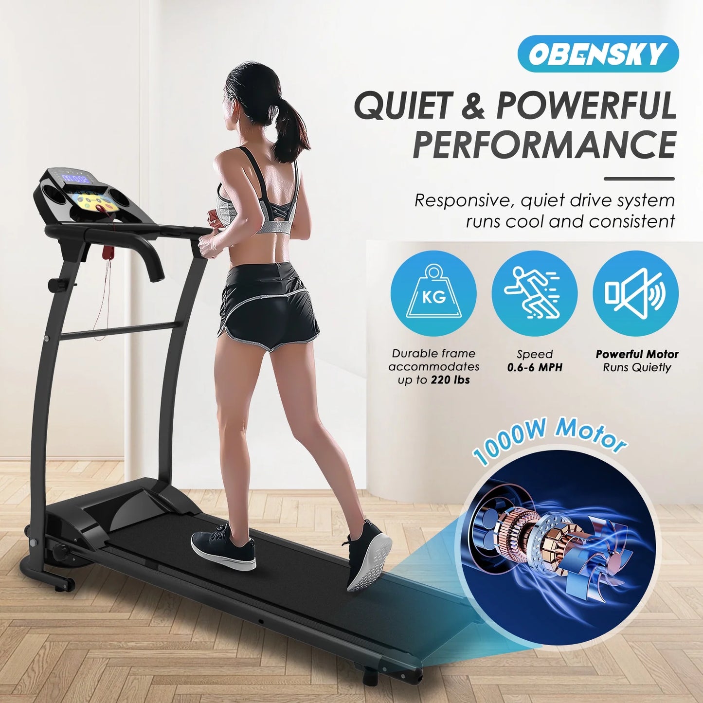 1000W Portable Foldable Treadmill, Running Jogging Quiet Fitness Machine/Black