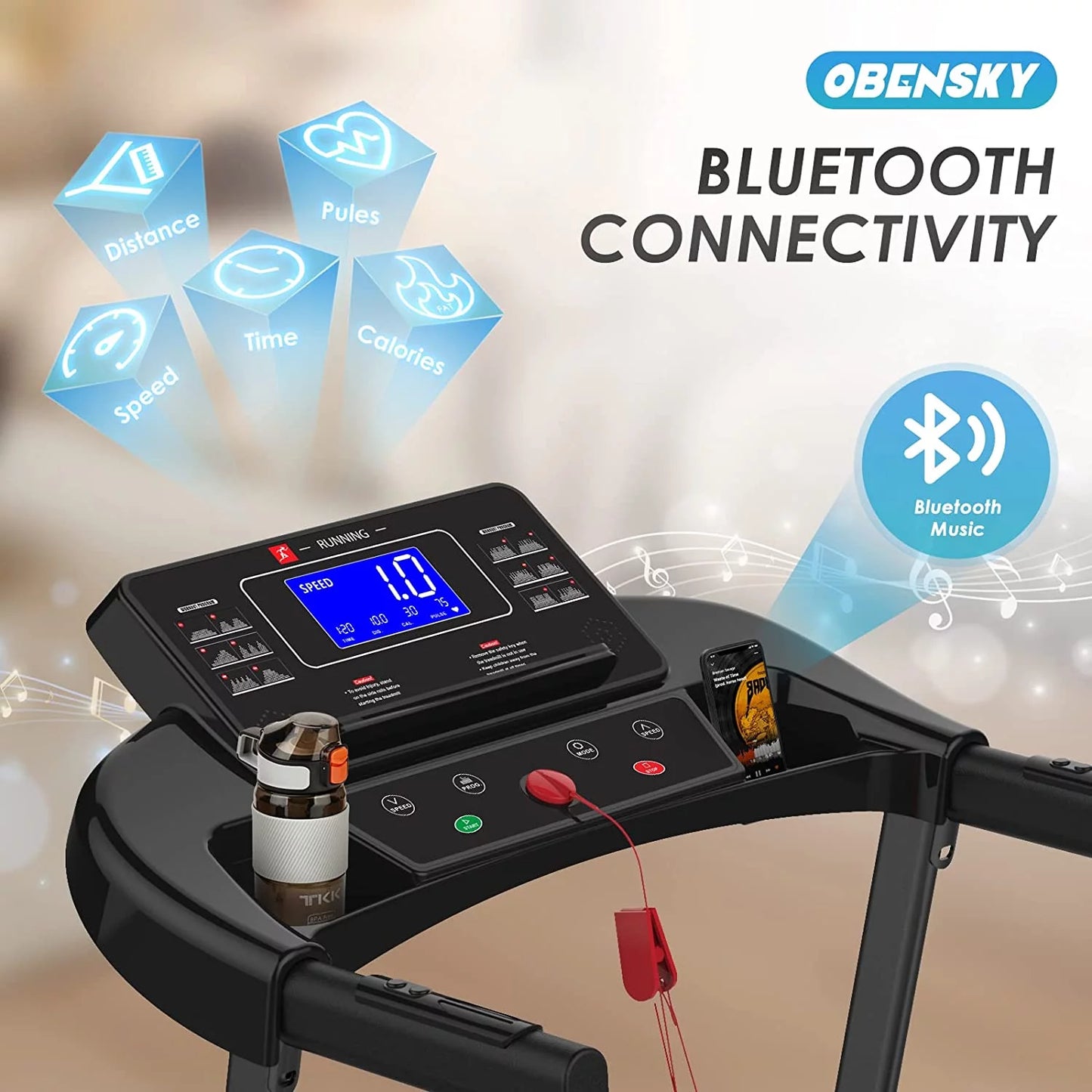 OEBNSKY Folding Incline Treadmill for Home with Smart LCD Display, 265Lbs, 12 Programs 3 Modes, MP3 Music Speaker, 2.5HP Electric Foldable Treadmill Running Machine