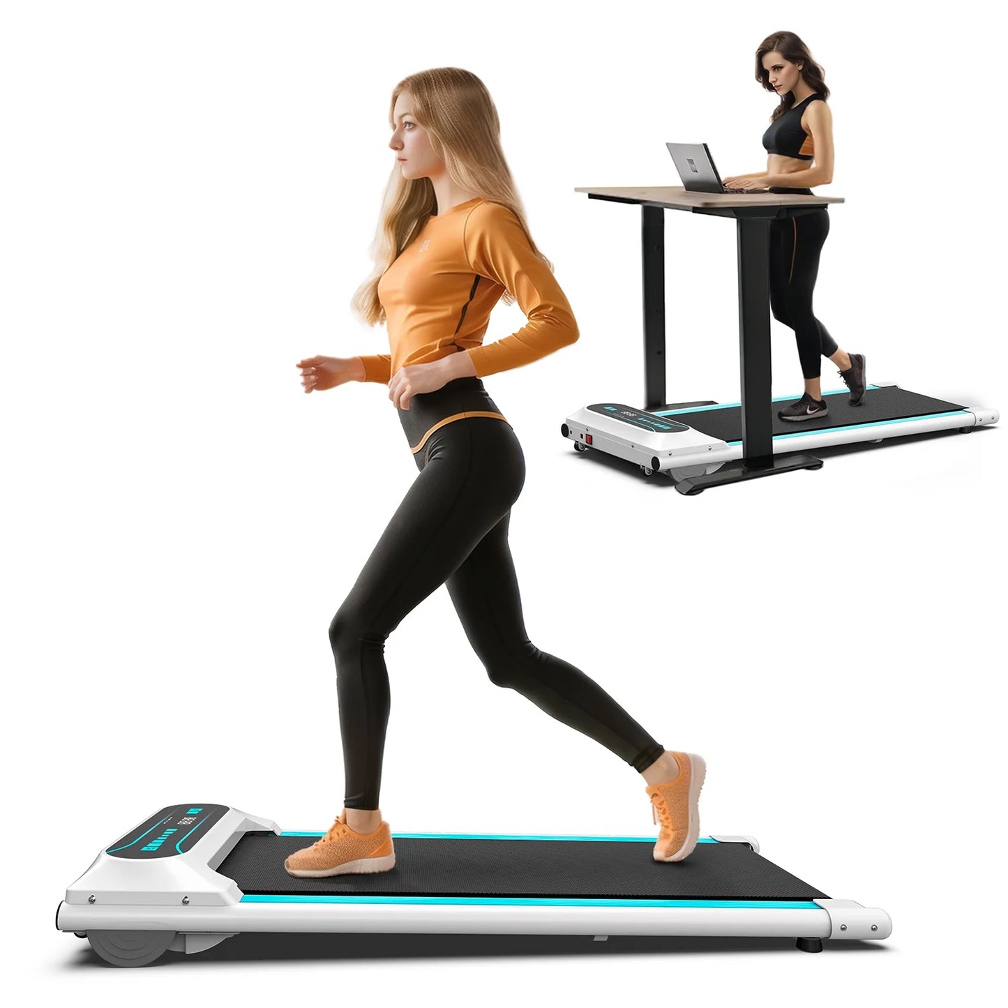 2.25HP under Desk Treadmill, Installation-Free Slim Flat Compact Walking Pad with LED Display and Wireless Remote Control, 265Lb, 0.5-4 Mph for Home/Office Exercise-Blue