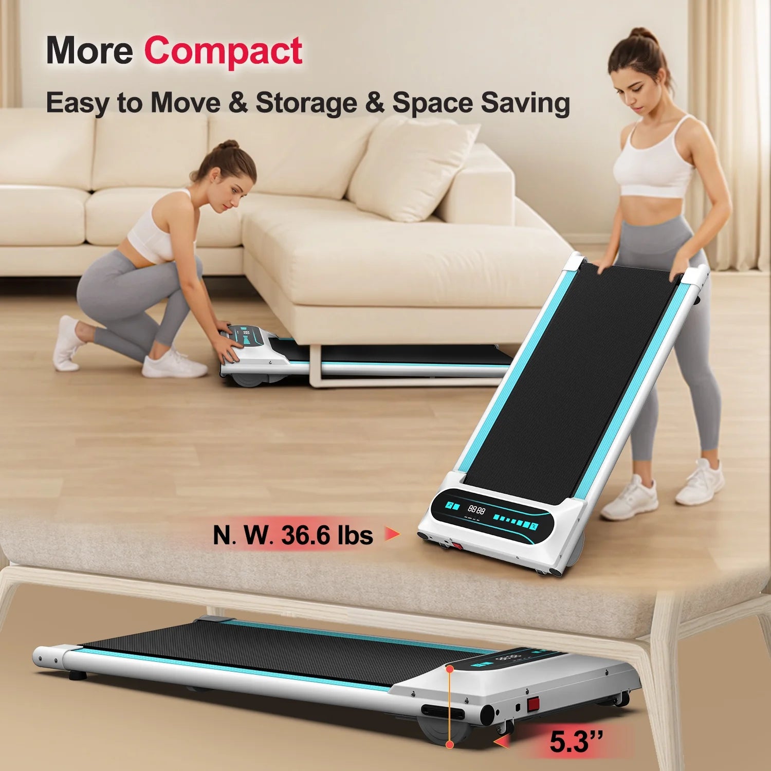 2.25HP under Desk Treadmill, Installation-Free Slim Flat Compact Walking Pad with LED Display and Wireless Remote Control, 265Lb, 0.5-4 Mph for Home/Office Exercise-Blue