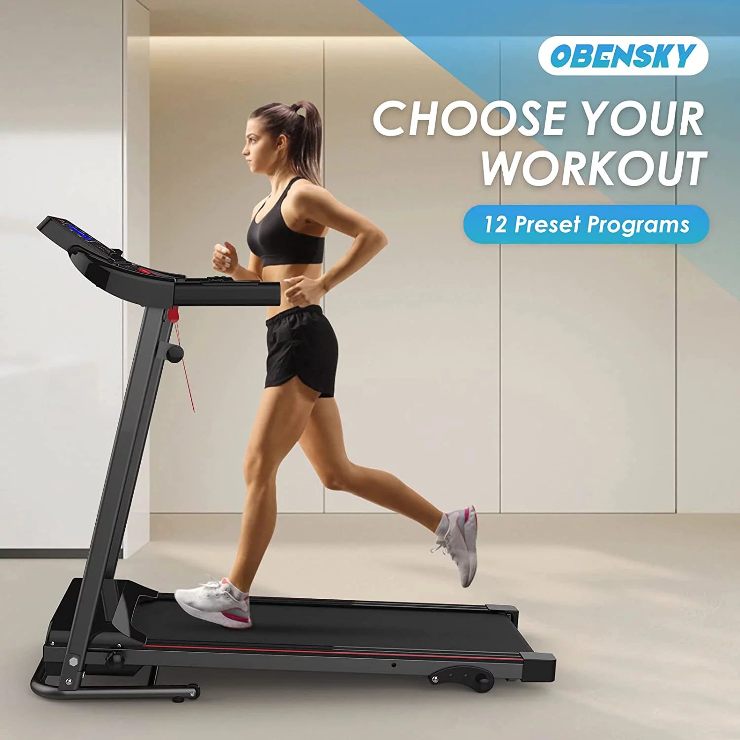 OEBNSKY Folding Incline Treadmill for Home with Smart LCD Display, 265Lbs, 12 Programs 3 Modes, MP3 Music Speaker, 2.5HP Electric Foldable Treadmill Running Machine